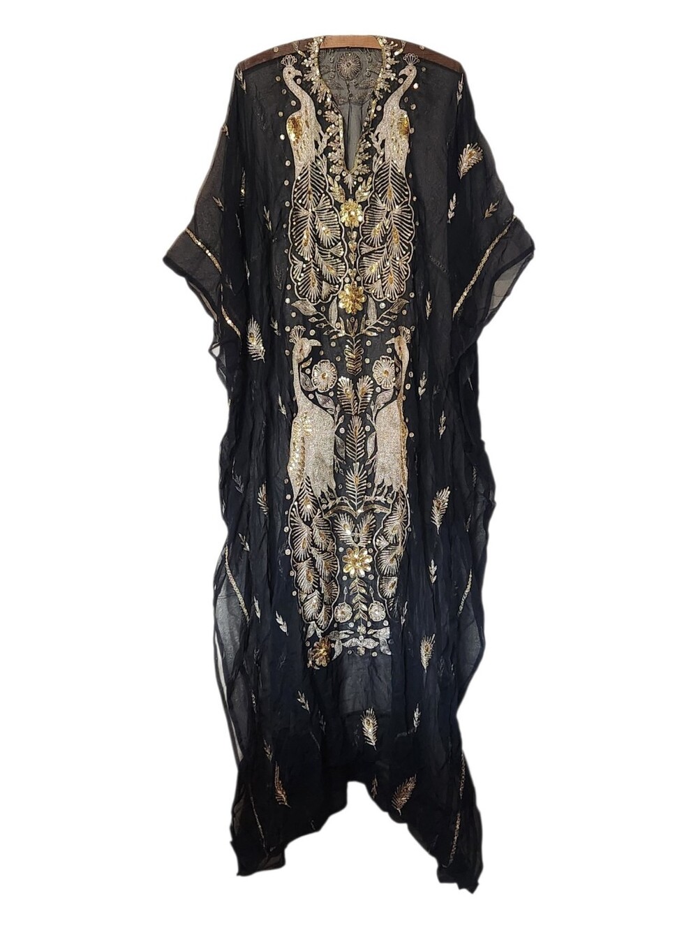 Vintage Gorgeous Black Sheer Gold Embroidered Sequin Beads Peacock Kaftan Dress